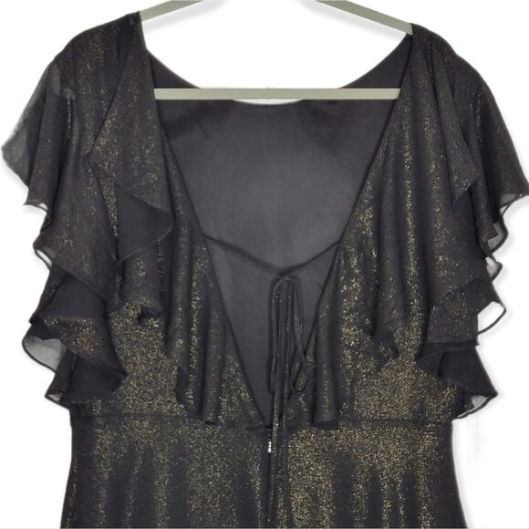 H Halston Metallic Shimmer Ruffle Flutter Sleeve Dress Black Gold Size 10 - Picture 4 of 8